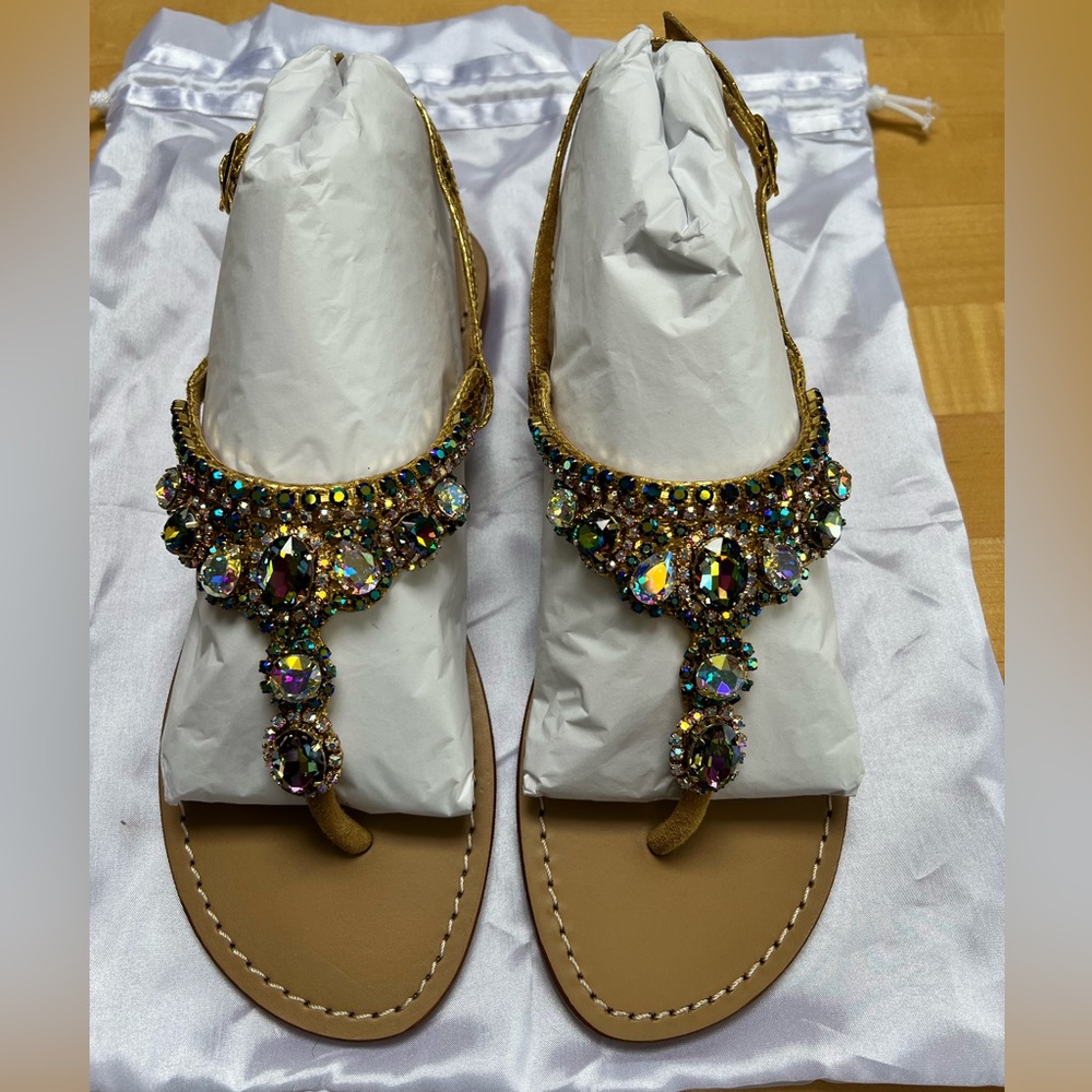 Mystique Boutique Gold Jeweled T-Strap Sandals